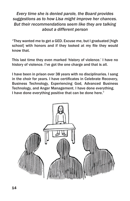 Every time she i denied parole, the Board provides  suggestions as to how Lisa might improve her chances.  But their recommendations seem like they are talking about a different person  “They wanted me to get a GED. Excuse me, but | graduated [high school] with honors and if they looked at my file they would know that.  This last time they even marked ‘history of violence.’ | have no history of violence. I’ve got the one charge and that is all.  I have been in prison over 38 years with no disciplinaries. | sang in the choir for years. | have certificates in Celebrate Recovery, Business Technology, Experiencing God, Advanced Business Technology, and Anger Management. | have done everything.  I have done everything positive that can be done here.”  14 